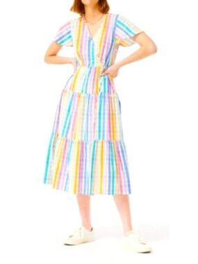 J.Crew Women's Sz 6 Retro Rainbow Gingham Short-Sleeved Faux-Wrap Midi Dress
